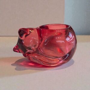 Vintage Indiana Glass Sleeping Kitty Votive • Cranberry Pink